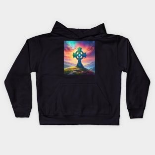 Colorful Ancient Fantasy Celtic Cross set into a grassy hill overlooking mountains. Kids Hoodie